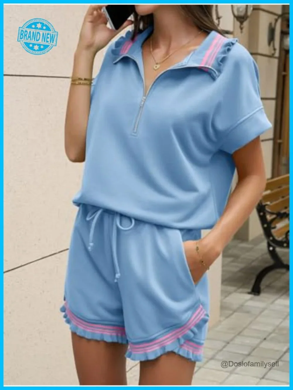 Women's 2 Piece Short Set Lounge Tracksuit Half Zip Ruffle Top Matching Set